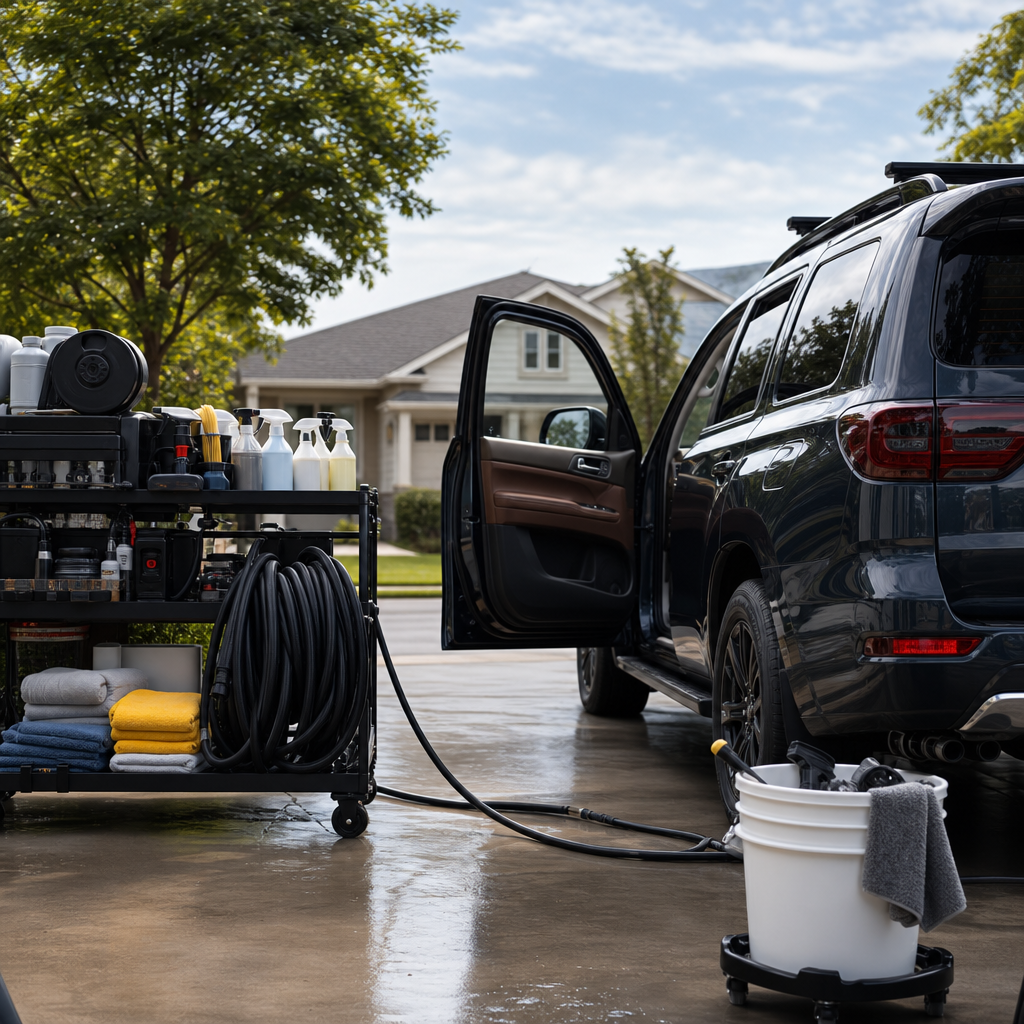 Organized driveway setup for convenient mobile auto detailing at home